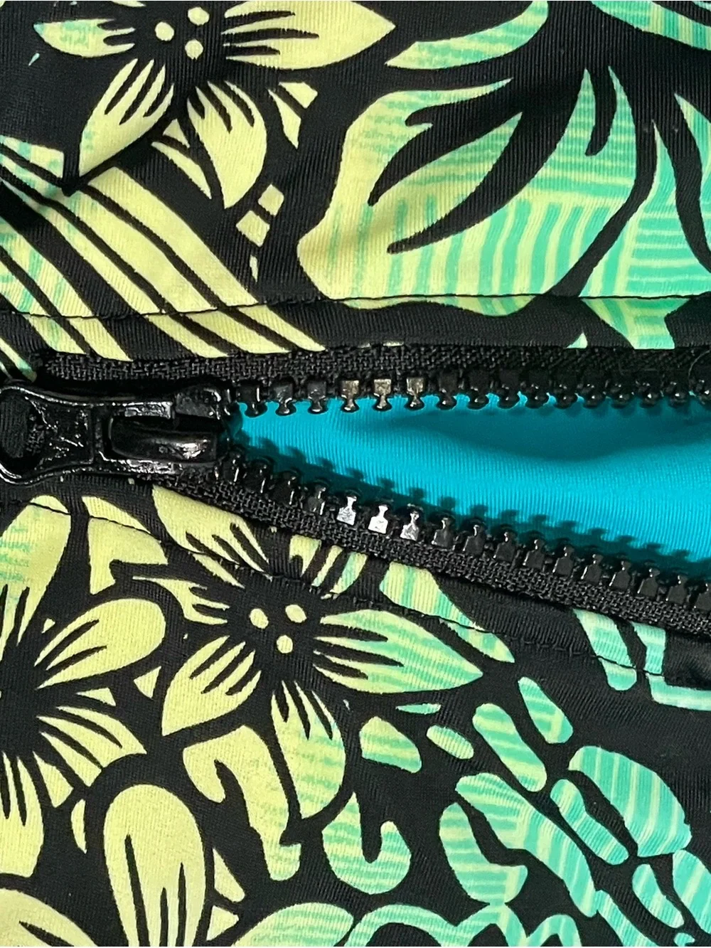 ZeroXposur Black One-Piece Swim with skirt and Teal and Lime Floral Front